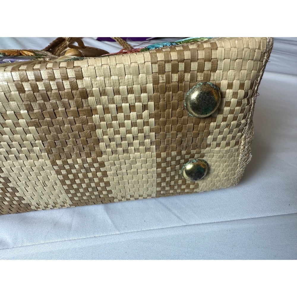 Vintage 1960s Bags By Whidby Inc. Raffia Straw Tote Bag 3D Floral Embroidery - Picture 9 of 11